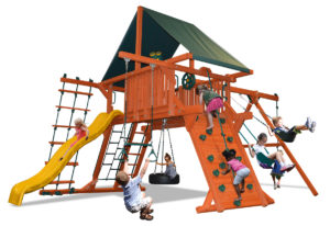 Deluxe Playcenter swing set with extra large play deck, climbing wall, belt swings, and a rope and disk swing