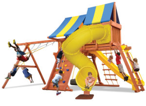 Supreme Playcenter play set features play deck, climbing wall, monkey bars, skyloft, corkscrew slide, belt swings and rope and disk swing