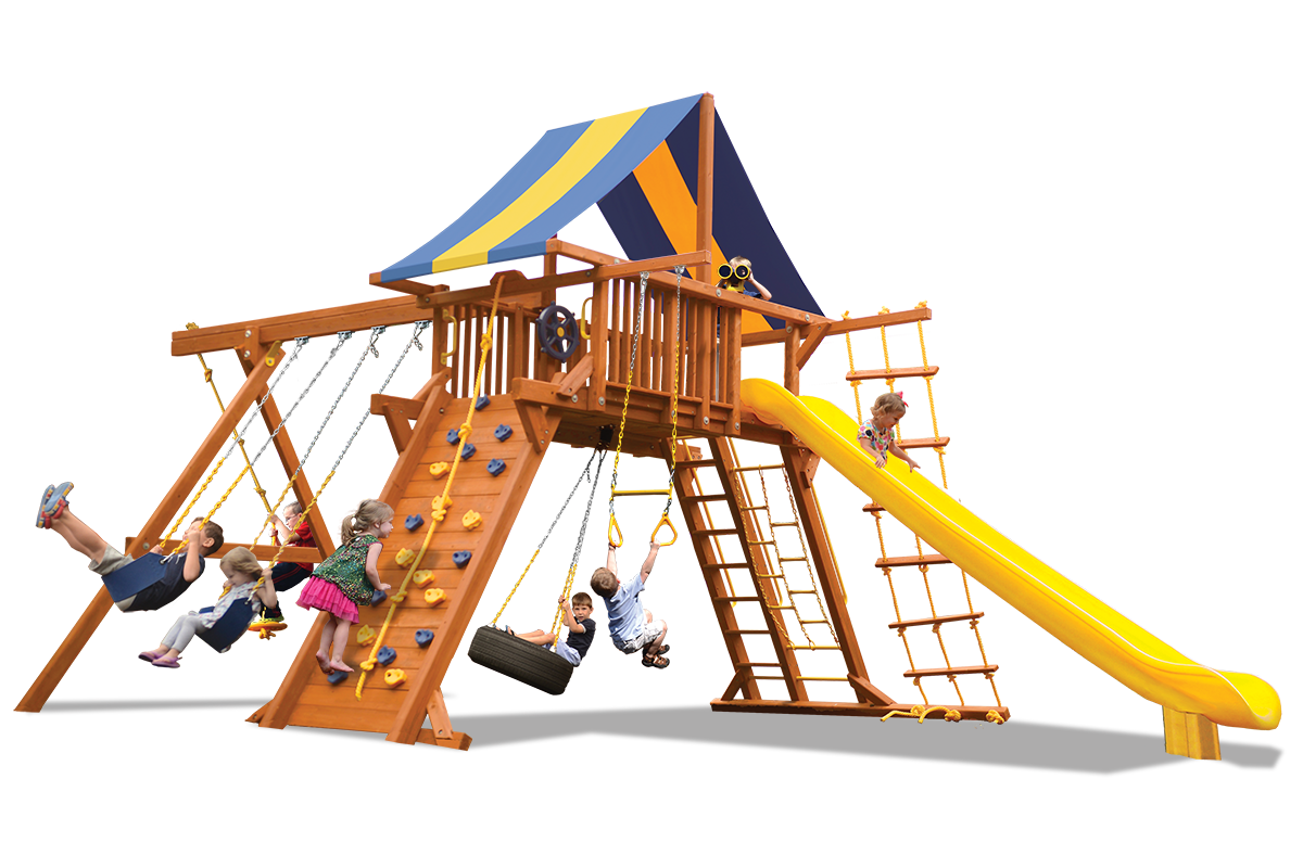 Extreme Playcenter swing sets feature large play deck, climbing wall, ladders, belt swings and trapeze bar