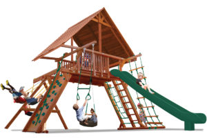 Extreme Playcenter play set includes large play deck, climbing wall, wood roof, ladders, belt swings and a trapeze bar