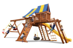 Extreme Playcenter Combo 4 swing set features large play deck, climbing wall, ladders, tire swing, belt swings, trapeze bar, monkey bars, and sky loft