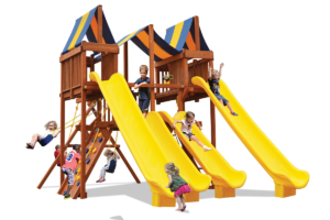 Turby Deluxe Playcenter Slide City play set has play deck two sky lofts, four slides, belt swings