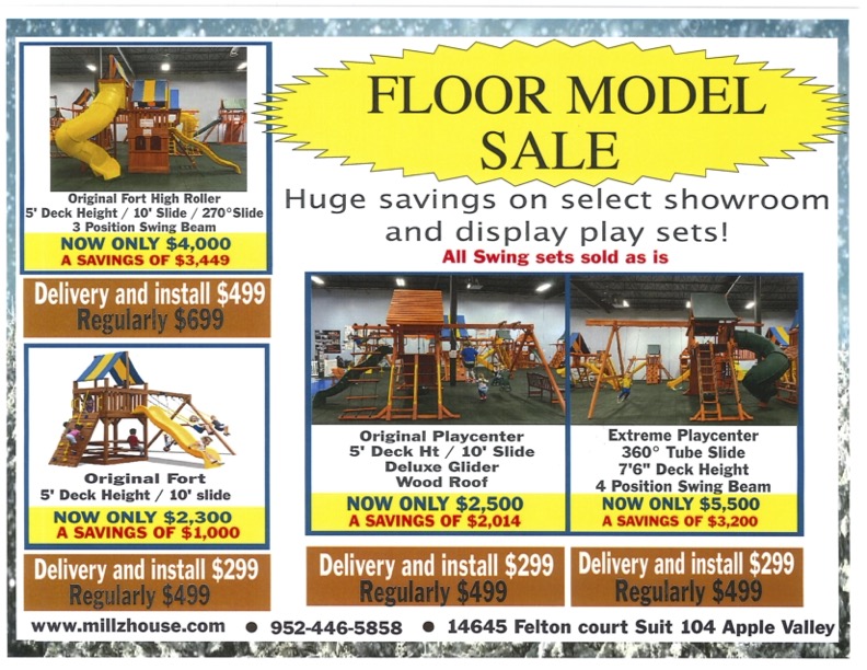 Millz House Floor Model Sale on swing sets, play sets